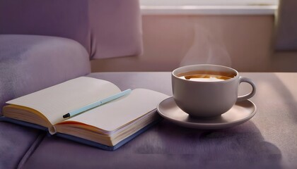 Mental health and depression concepts: Journal and tea in therapy session, mindfulness theme, cozy textures.