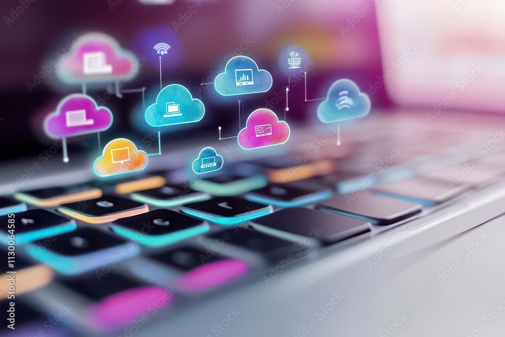 Poster Closeup of a laptop keyboard with floating watercolor cloud icons above, symbolizing data integration
