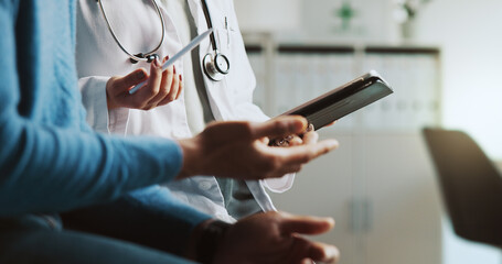 Hands, doctor and patient with tablet, online results and conversation with feedback for diagnosis....