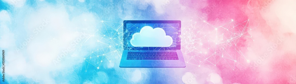 Aufkleber conceptual watercolor depiction of a laptop, cloud, and interconnected system nodes in harmony