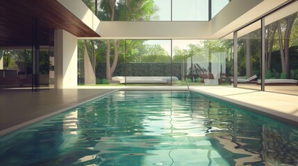 Fototapeta premium Stylish indoor swimming pool with a minimalist design and abundant sunlight from large glass doors