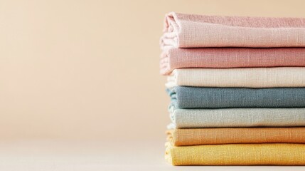 Neat stack of colorful linen fabrics. Ideal for textile, fashion, or craft projects.
