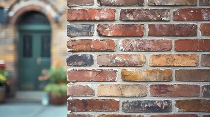 Obraz premium Detailed Brick Wall with Cracks, Missing Bricks, and Blurred Background