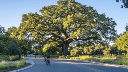 Bicyclists Riding Along Scenic Road Under Large Oak Tree