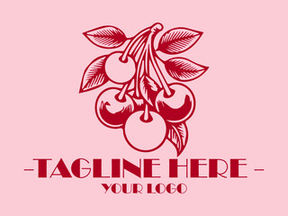 Red cherries on branch with leaves, pink background. Perfect for summerthemed designs, fruit illustrations, or refreshing beverage packaging