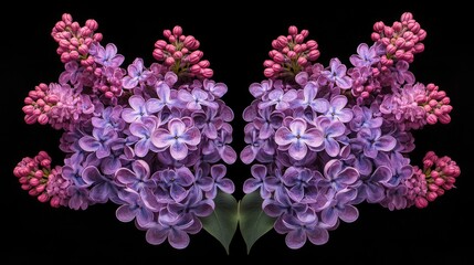 Fototapeta premium Artistic display of purple lilacs and pink blossoms in perfect symmetry, set against a deep black background for a dramatic floral composition.