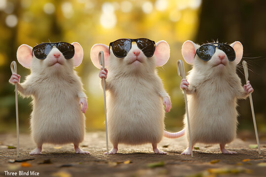 Three blind mice wearing black sunglasses and holding canes, standing together in a forest with sunlight, depicting humor, fairy tale, and creative concept art