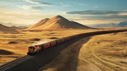 A freight train transporting cargo across a vast, arid desert