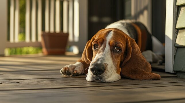 A relaxed dog lying on a wooden porch, enjoying a calm moment in the sun.