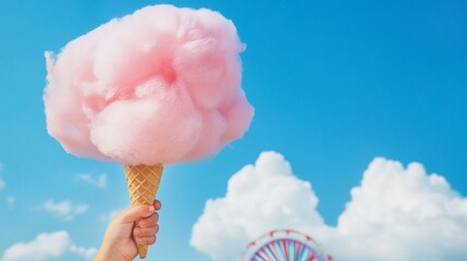 Celebrating National Cotton Candy Day at a Vibrant Amusement Park with Nostalgic Carnival Fun