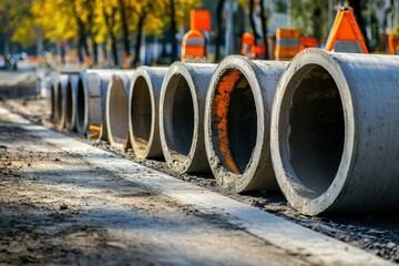 Concrete pipes being installed along a road signify infrastructure development