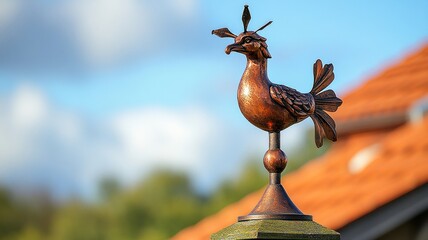 Rustic weather vane rooster on rooftop with blurred sky background