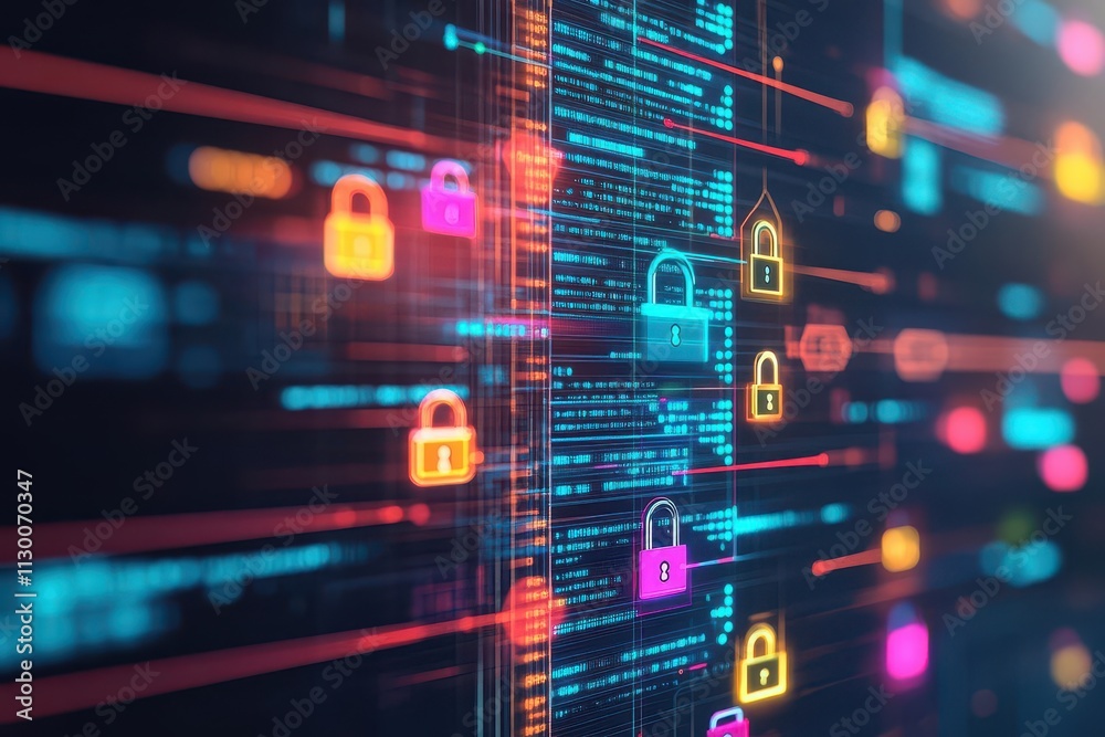 Aufkleber Encrypted customer data represented by locks within a glowing, layered database
