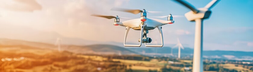 Engineer inspecting wind turbine operations via drone interface, Green Tech, Remote Monitoring, Future energy systems