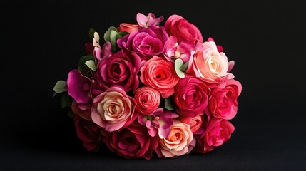 Naklejka premium Close-up of a vibrant red and pink rose bouquet, isolated on a black background, creating a romantic and elegant floral display.