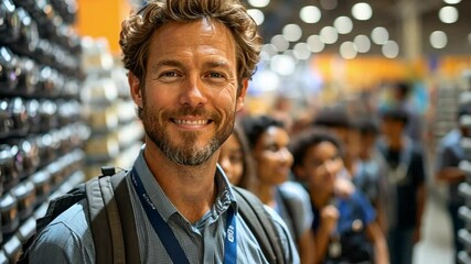 Smiling Man in a Retail Store:  A middle-aged man with a warm smile and a backpack stands in a retail store, showcasing the friendly and welcoming atmosphere of a modern shopping experience.  