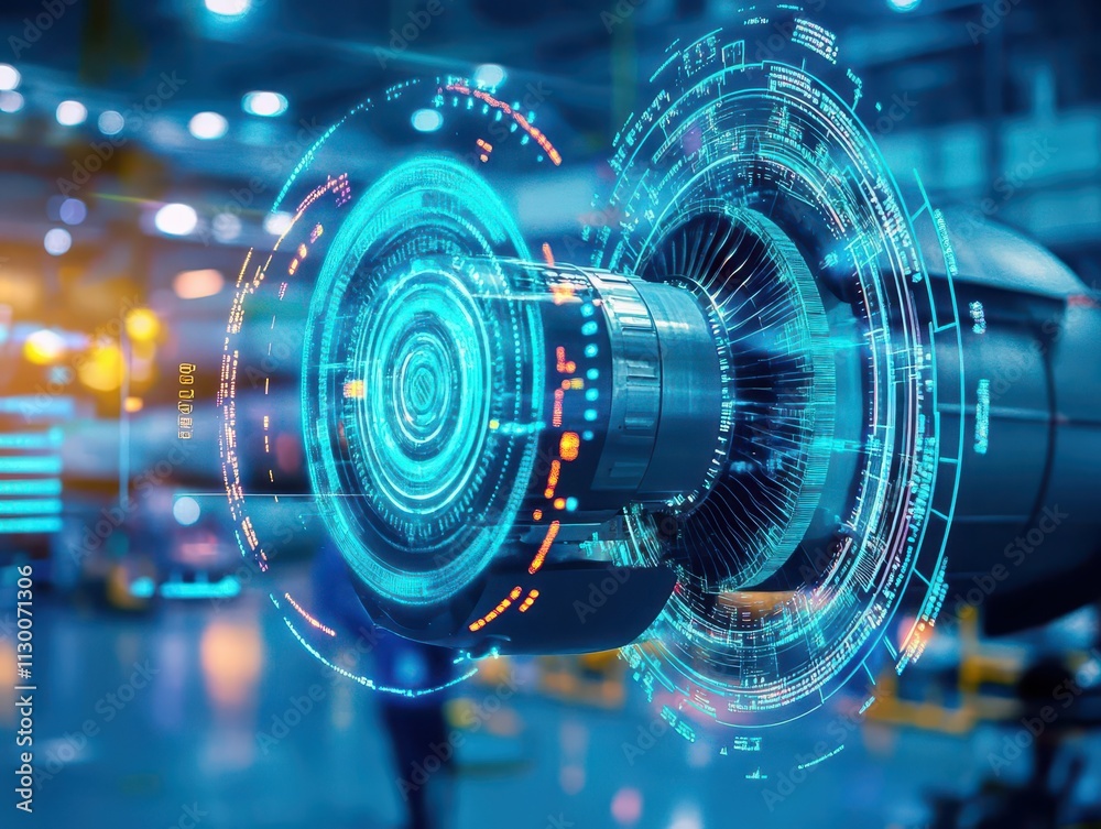 Fototapete engineers using augmented reality glasses to perform diagnostics on an aircraft engine, with hologra