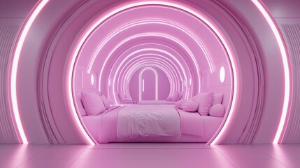 Obraz premium Circular door frame that glows with neon lights A circular doorway bathed in a soft neon purple light, evoking a sense of calm and tranquility.