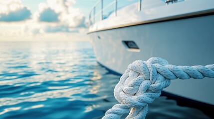 Obraz premium Close-up of a nautical rope tied in a knot, with a yacht gently blurred in the background. Illustrates nautical themes, luxury travel, and safety at sea; ideal for travel brochures.