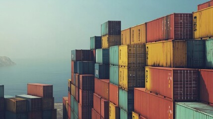 Rows of shipping containers stacked high at a cargo terminal by the sea. 