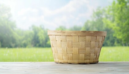Wooden picnic basket, rustic family getaway vibe, warm wood hues, front view emphasis, surrounded by vibrant greenery and clear skies.