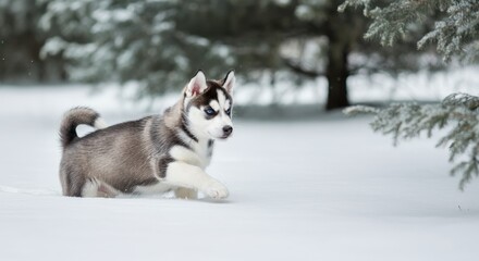 Playful siberian husky puppy exploring snowy winter landscape