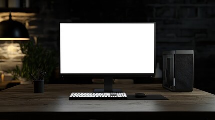 Modern Workspace: Sleek Computer Setup in a Dimly Lit Room