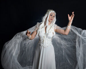 close up portrait of beautiful blonde female model wearing  white fantasy snow fairy gown,  magical silver crystal queen crown, hooded flowing  sheer cloak.  Isolated pose on dark studio background.