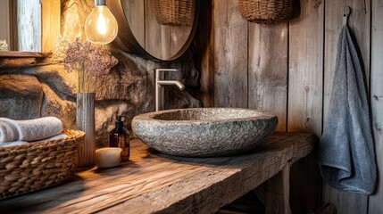 Rustic Bathroom with Stone Sink and Wooden Decor in Natural Light
