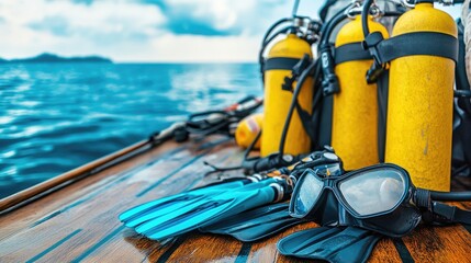 Fototapeta premium Scuba Diving Equipment on Boat Deck with Ocean Background