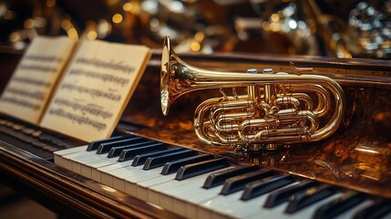 Fototapeta premium Gold trumpet rests on antique piano with sheet music.