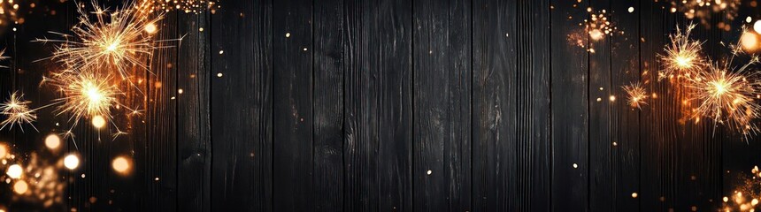A festive background with sparkling lights on a dark wooden texture.