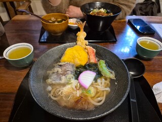 udon served at a Japanese restaurant. A wheat noodle with soya sauce based soup.