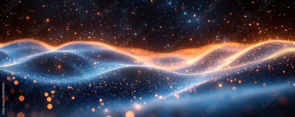 Fototapete Abstract Blue Landscape of Glowing Particles with Wave-Like Composition for Cyber Tech and Data Design