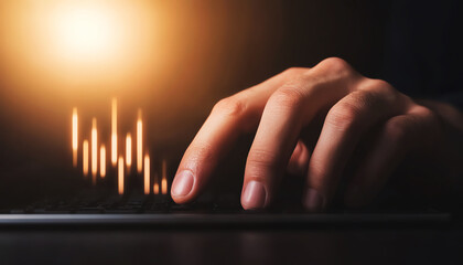 Hand typing on keyboard with digital graph overlay, symbolizing data analysis and technology.