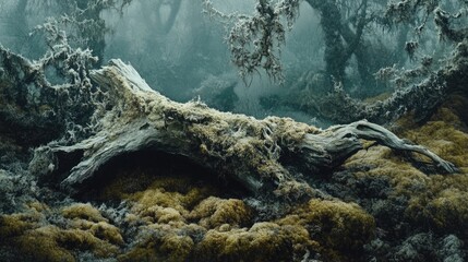 Textured close-up of moss-covered driftwood lying on forest ground, capturing the contrast between life and decay in earthy tones.