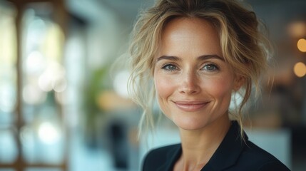 Confident businesswoman smiling, in front of a bright white office environment, soft-focus desk area behind, warm, inviting light, professional yet friendly setting.