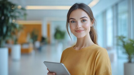 Happy businesswoman holding a tablet, standing against a bright white office wall, soft-focus workspace behind, bright and cheerful lighting, professional ambiance.
