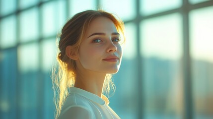 Happy businesswoman in a high-rise office, minimalist city view, soft-focus background with employees collaborating, sunny lighting, uplifting environment.