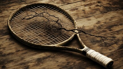 Vintage Tennis Racket with Twisted Roots on Rustic Wooden Surface
