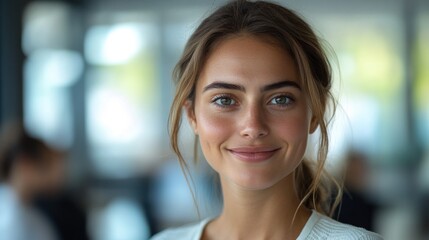 Happy businesswoman in front of office, bright white background, soft-focus employees discussing ideas, cheerful lighting, motivating atmosphere.