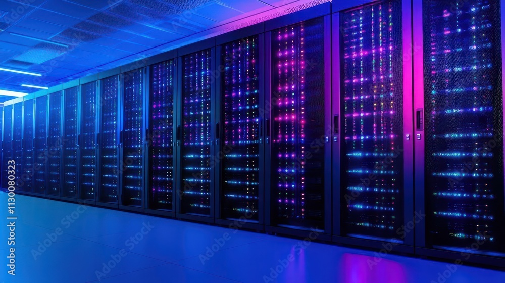 Poster Operators in an advanced data center surrounded by LEDlit servers, Engineer, System Maintenance, Efficient tech management