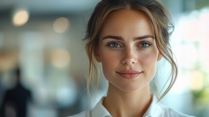 Happy businesswoman in front of office, bright white background, soft-focus employees discussing ideas, cheerful lighting, motivating atmosphere.