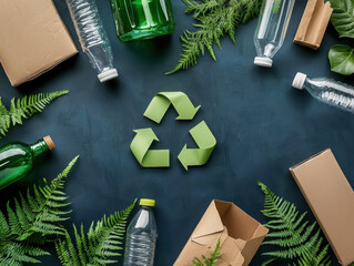 Recycle sustainability conservation renewal concept. A collection of recyclable materials including bottles and cardboard, surrounded by ferns, emphasizing environmental sustainability.