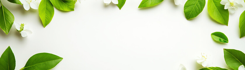 Obraz premium Green leaves and white flowers create serene frame on minimalist background.