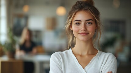 Happy businesswoman posing in an office, clean white backdrop, blurred workspace with team members working, minimalist decor, uplifting vibe.