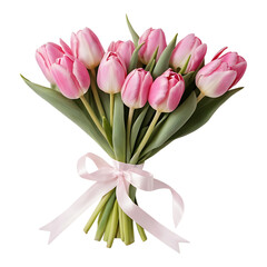 Fototapeta premium Fresh Bouquet of Pink Tulips Tied with Ribbon