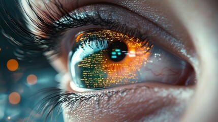 Data Visualization Close up of an eye with data streams and code flowing out, representing visual data processing, augmented reality overlays, and information overload.