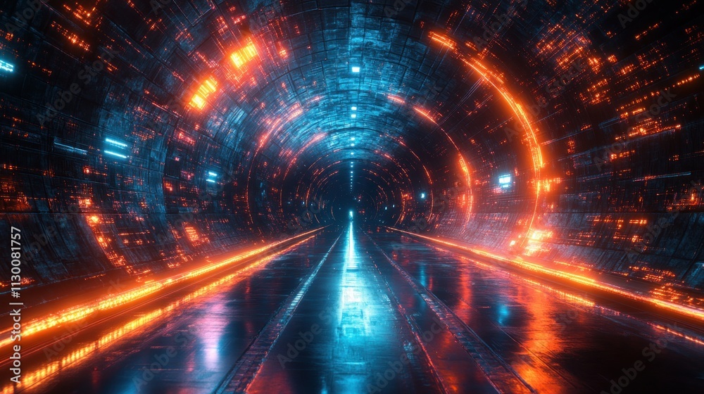 Aufkleber Futuristic Neon Light Abstract Technology Background with Glossy Reflective Floor and Cyberpunk Atmosphere