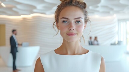 Positive businesswoman in a contemporary reception area, clean white furnishings, soft-focus employees interacting, gentle highlights, friendly atmosphere.